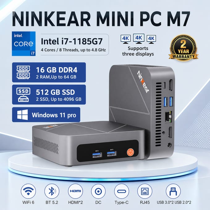 Ninkear M7 Mini-pc met Intel Core i7-1185G7-processor, 16 GB DDR4-RAM, 512 GB SSD, Windows 11 Pro, mini-desktopcomputer met WiFi 6, Bluetooth 5.2 en ventilator voor koeling, geschikt voor gebruik