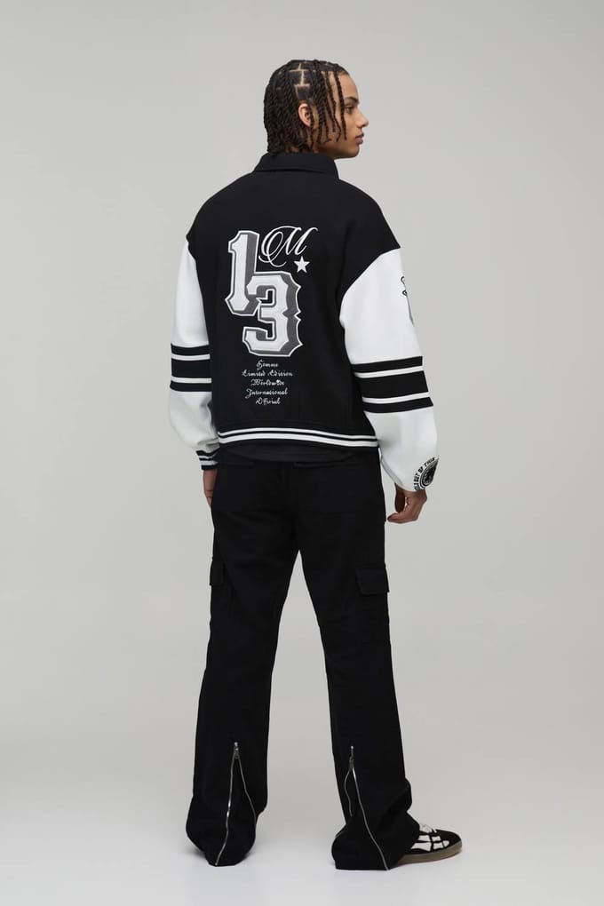 Boxy 13 Applique Jersey Varsity Bomber Jacket | Black | Size Medium