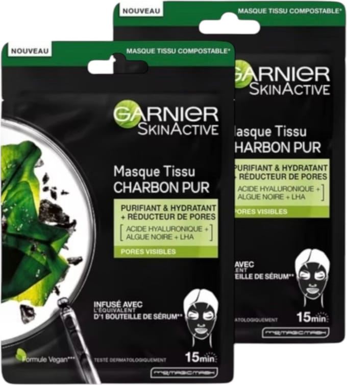 2 x Garnier skin active charcoal gezichtsmaker - masker met Glycerin en AHA + BHA