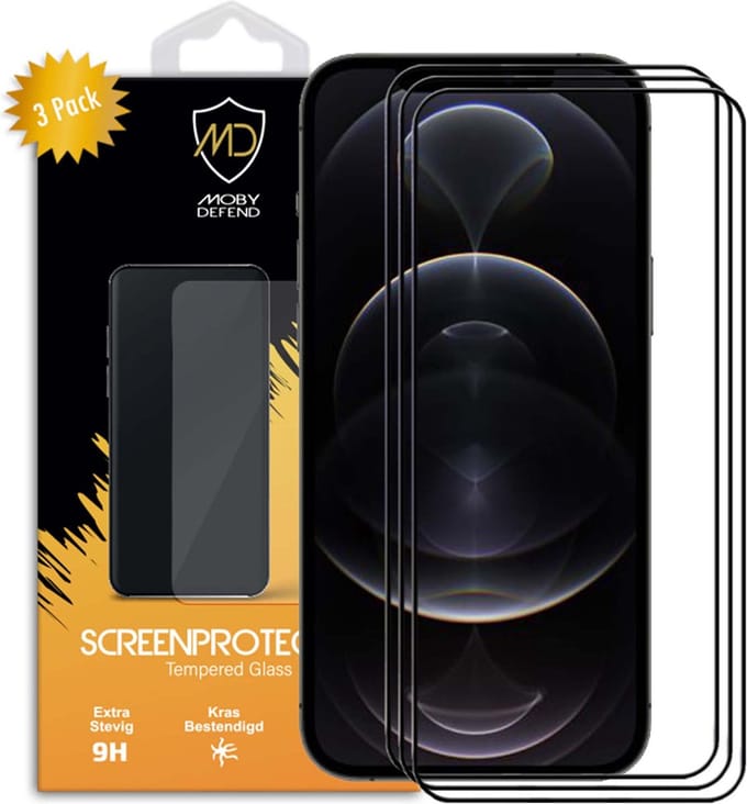 3-Pack MobyDefend Screenprotectors - Geschikt voor iPhone 12 Pro Max - Screensavers Met Zwarte Randen - Gehard Glas