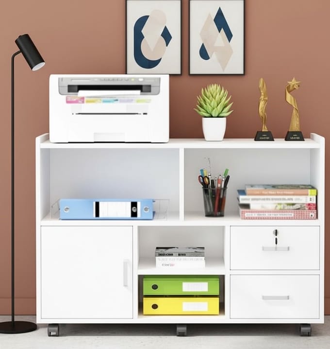Mobiele Archiefkast met Laden en - Wit - Printerplank – Moderne Witte Opbergkast - Medahomestore