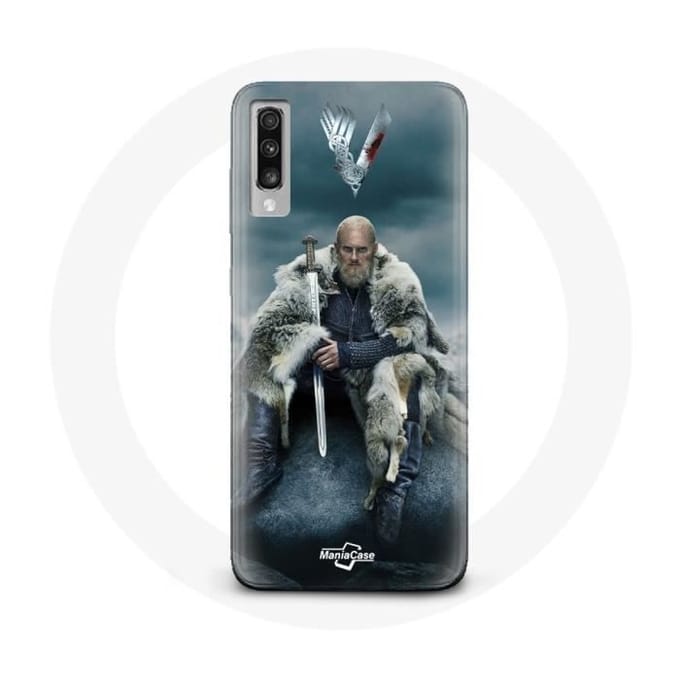 Case voor Samsung Galaxy A70 Vikings Series Seizoen 6 Ragnar Lothbrok logo V Sword Grey Blur Background