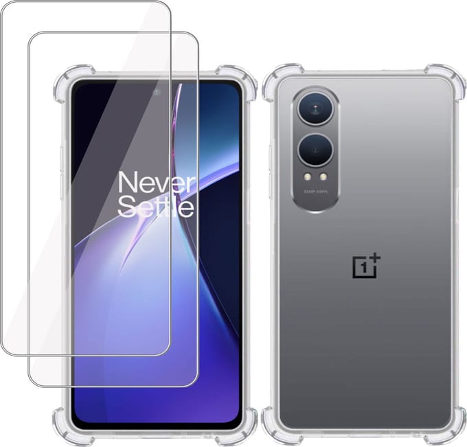 Hoesje + 2x Screenprotector geschikt voor OnePlus Nord CE4 Lite – Tempered Glass - Extreme Shock Case Transparant