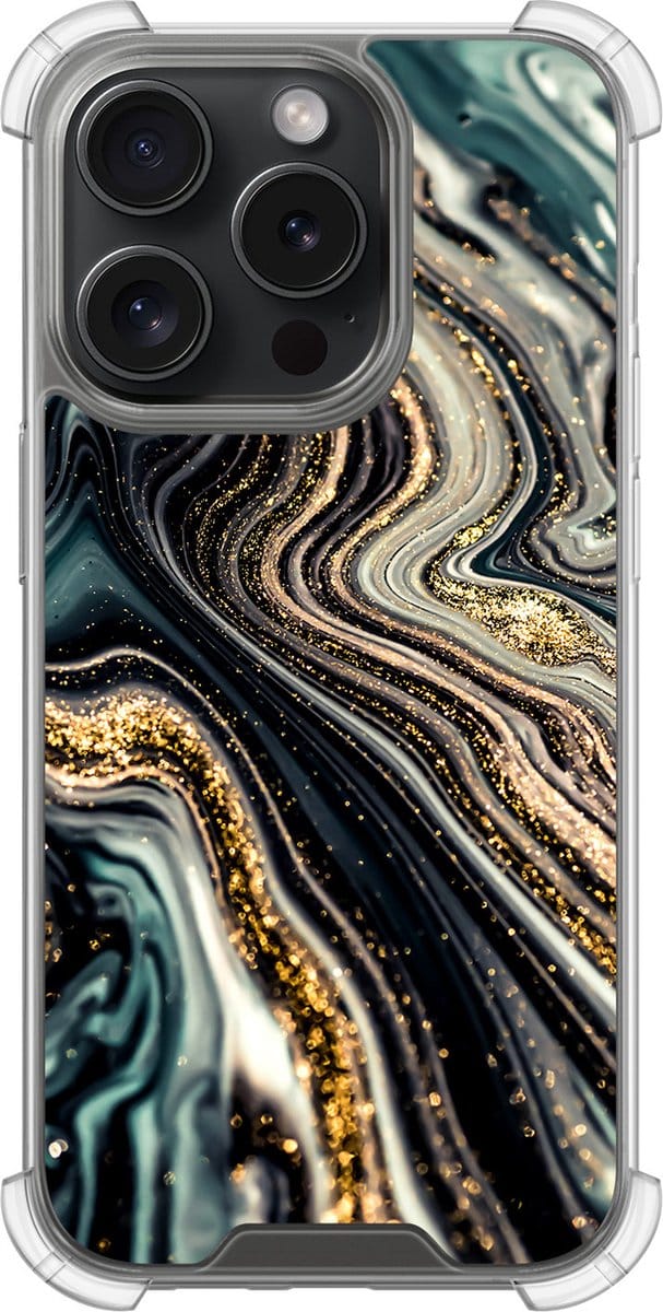 Shockproof hoesje - Geschikt voor iPhone 15 Pro - Marmer swirl - Extra sterke case - TPU/polycarbonaat - Marmer - Multi, Transparant
