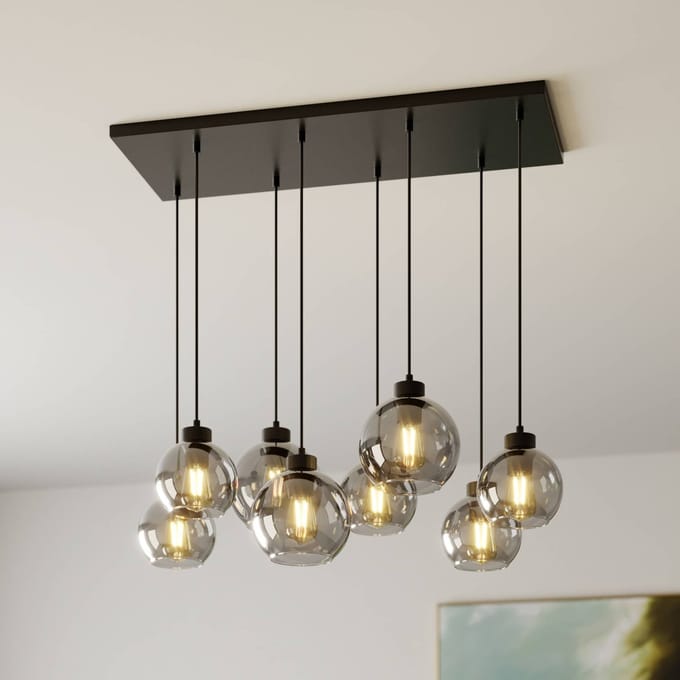 TK Lighting Hanglamp Cubus, 95 cm lang, 8-lamps, rookgrijs, glas
