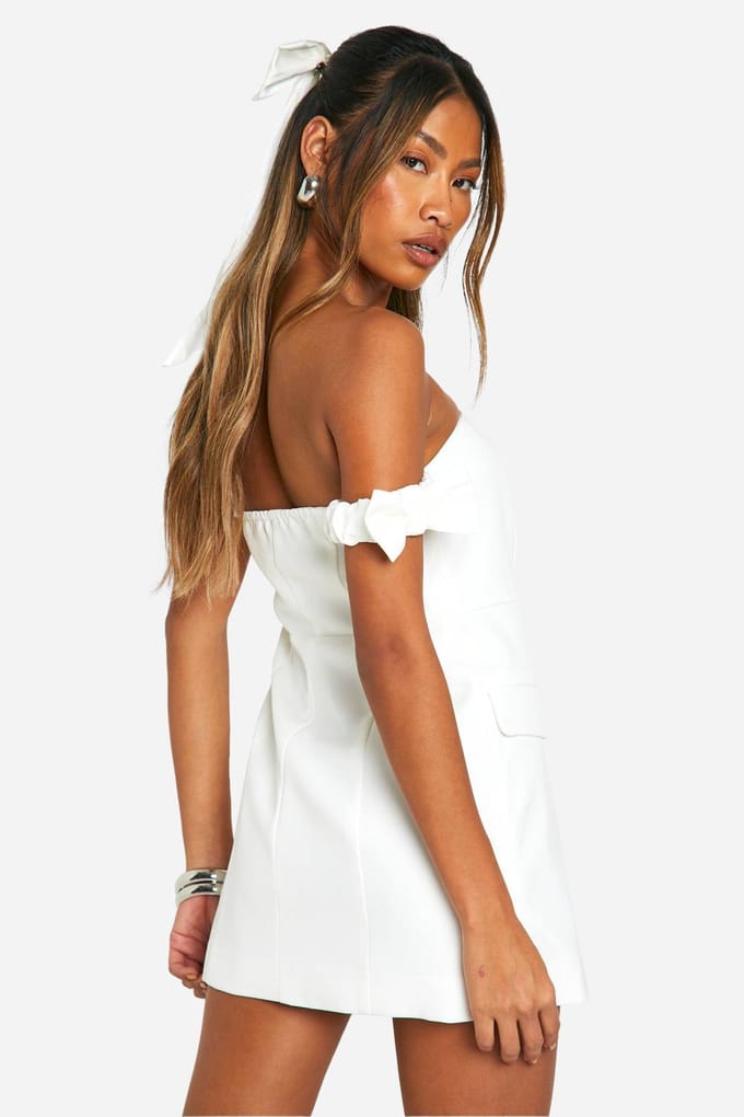 boohoo Dames Bow Bardot Tailored Mini Jurk | Ivoor | Maat: 42