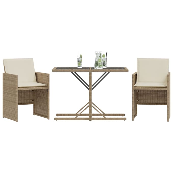 vidaXL - 3-delige - Bistroset - met - kussens - poly - rattan - beige