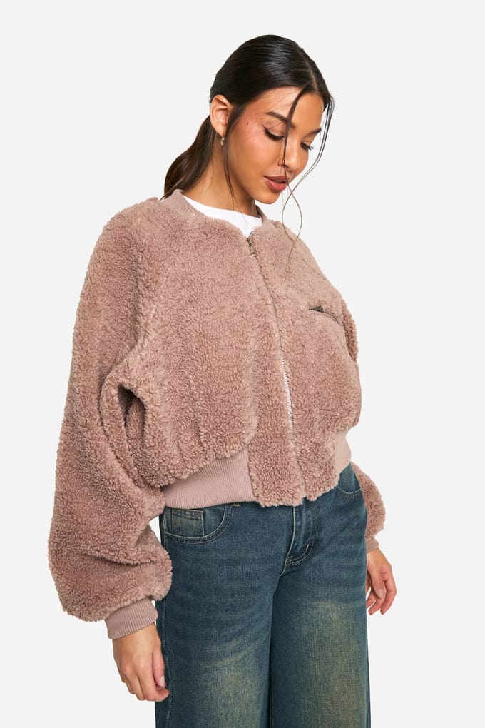 boohoo Dames Rib Teddy Bomberjas | Mushroom | Maat: 14