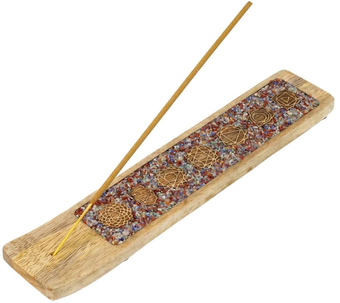 Wierookhouder 7 Chakra's gemengde chakrastenen mangohout - ± 25 cm x 7 cm x 1 cm