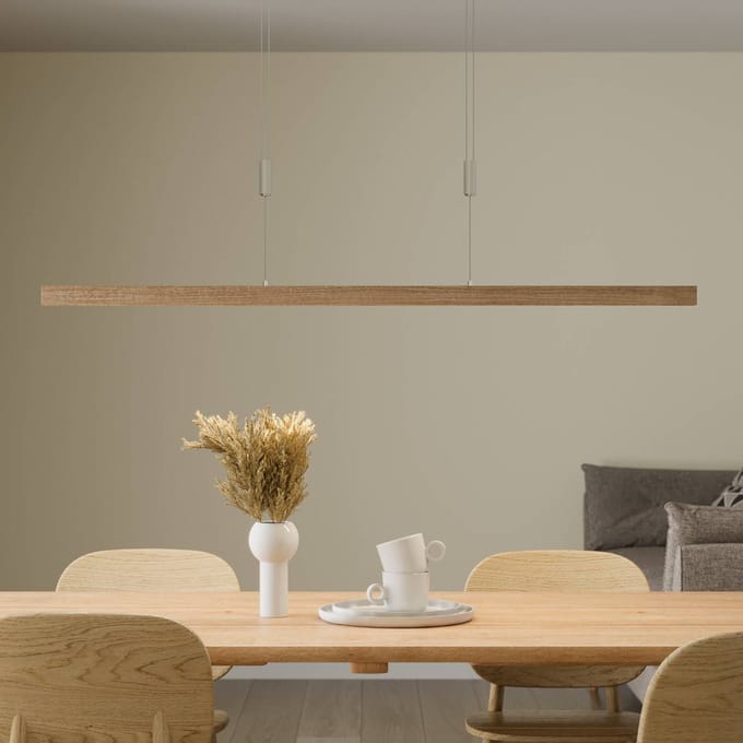 Quitani LED hanglamp Nora, eikenhout naturel, lengte 118 cm