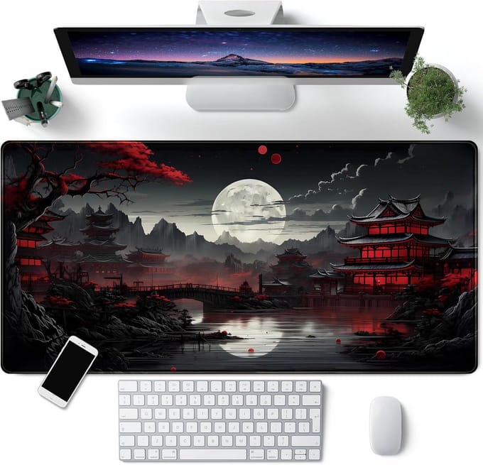 XXL Bureaumat met Japans Rivierlandschap en Volle Maan Print - Gaming & Computer