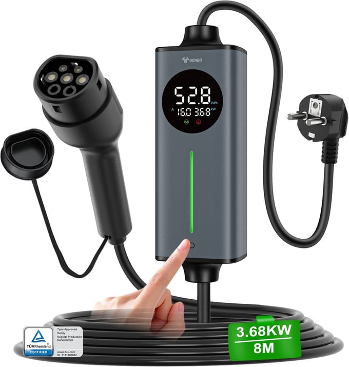 GONEO Draagbare EV-lader Type 2 Schuko Stekker voor EV/PHEV, Timer Snelladen Slimme Temperatuurregeling, Dubbele FI-bescherming, Automatische Aardingsdetectie