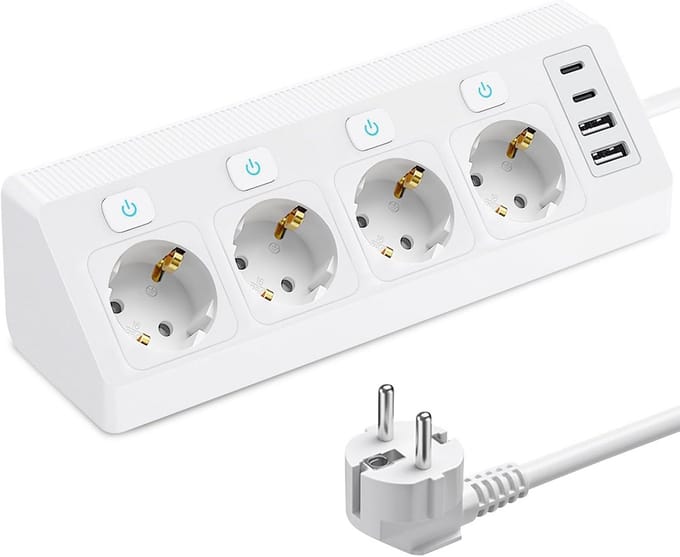 Hoekstopcontact met 4 Stopcontacten, 2 USB en 2 Type-C Poorten | 2m Kabel & Schakelaars