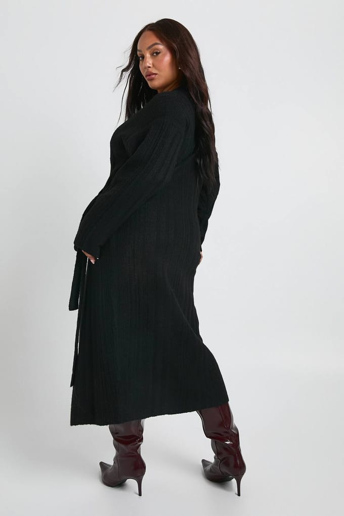 boohoo Dames Plus Lichtgewicht Mixed Rib Wrap Jurk | Zwart | Maat: 52
