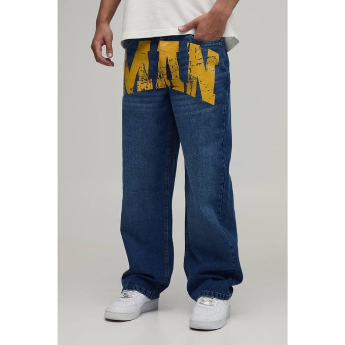Relaxed Rigid Man Print Denim Jeans | Mid Blue | Size 50