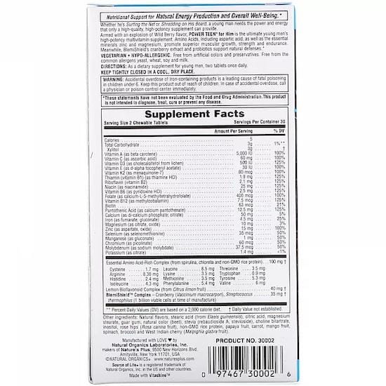 Nature's Plus Source de vie, Power Teen, pour lui, sans sucre, saveur naturelle de baies sauvages, 60 comprimés à croquer