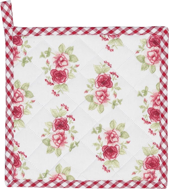 Clayre & Eef Pannenlap 20x20 cm Rood Wit Katoen Vierkant Rozen Afgiet Pannenlap Afgiethulp Pannenlap