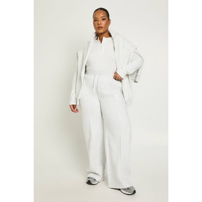 boohoo Dames Plus Core Basic Pintuck-detail, diepe tailleband, wijde pijp jogger | Ash Grey | Maat: 22
