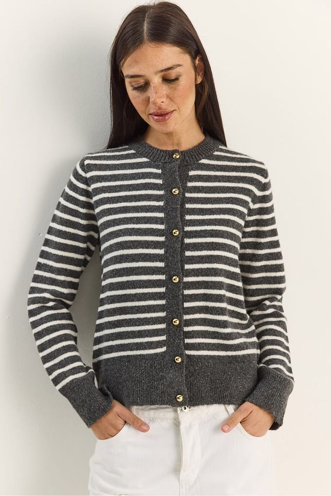 Gestreepte Ribgebreide Cardigan met Knopen Sluiting