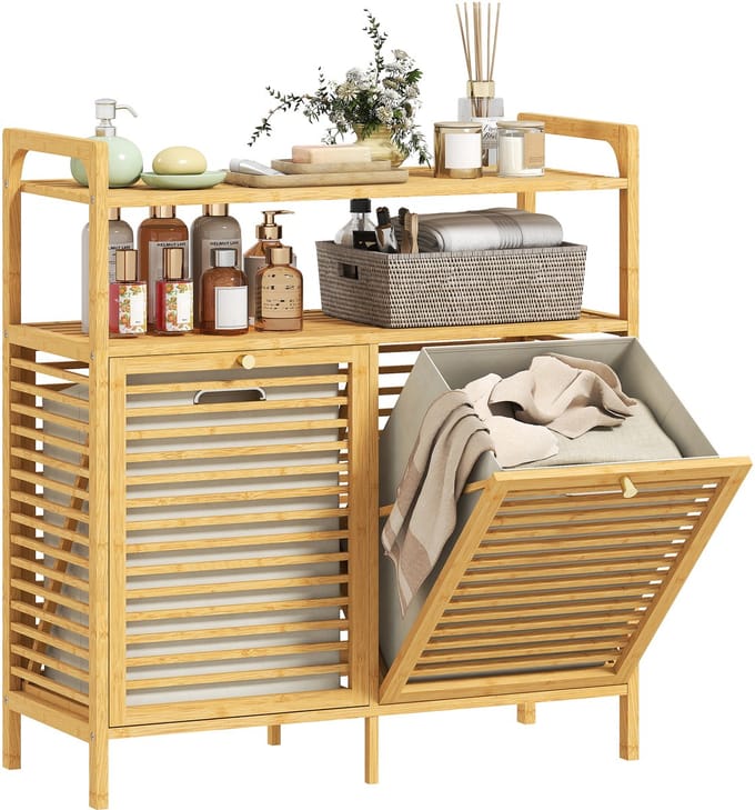 HOMCOM Wasmandkast Bamboe, Polyester 82L x 33B x 88H cm Natuurlijk hout