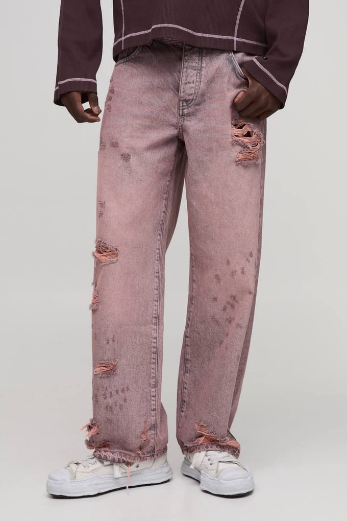 Getinte Gescheurde Relaxed Fit Jeans | Pink | Size 28R