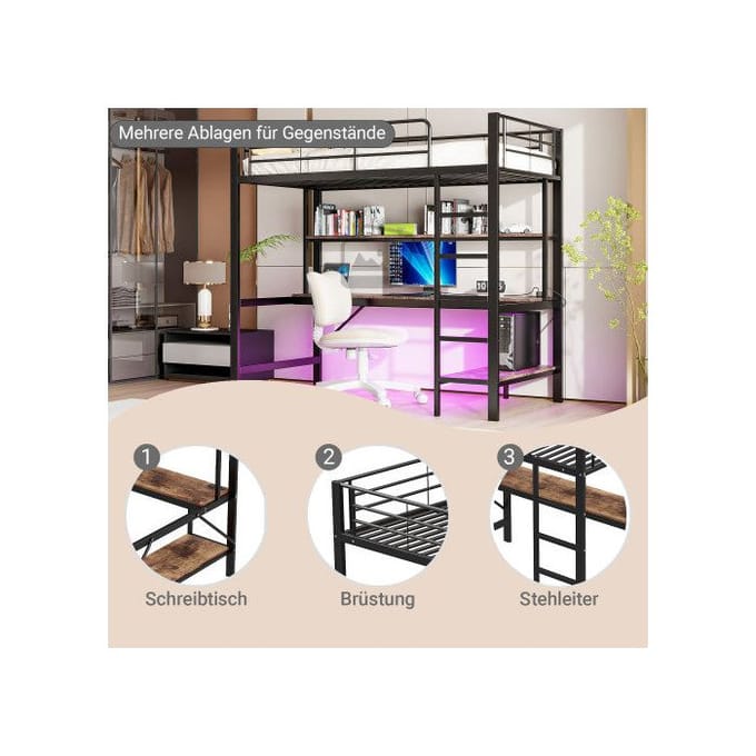 Lit enfant - MUVOE - Hochbett 90x200 cm - Métal et MDF - Éclairage LED - Prises USB intégrées noir