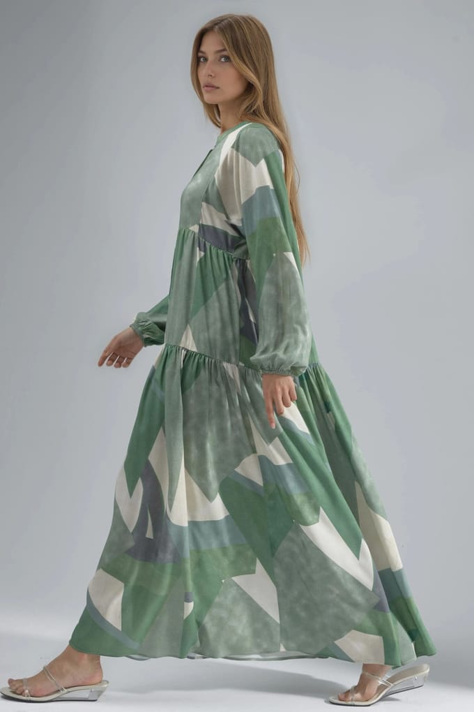 Geprinte Lange Mouw Viscose Maxi Jurk