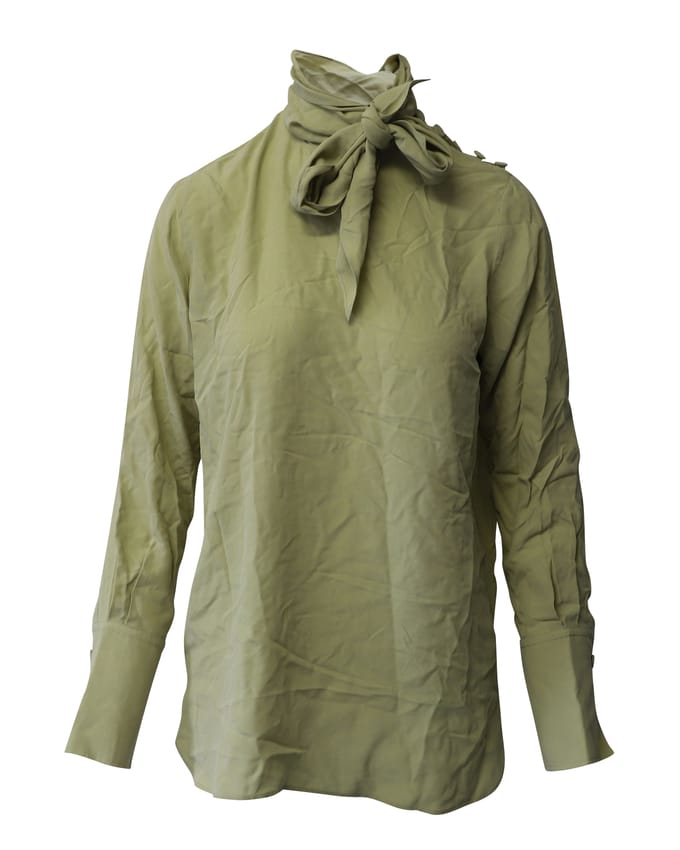 Joseph blouse met strikhalslijn in kaki groene zijde