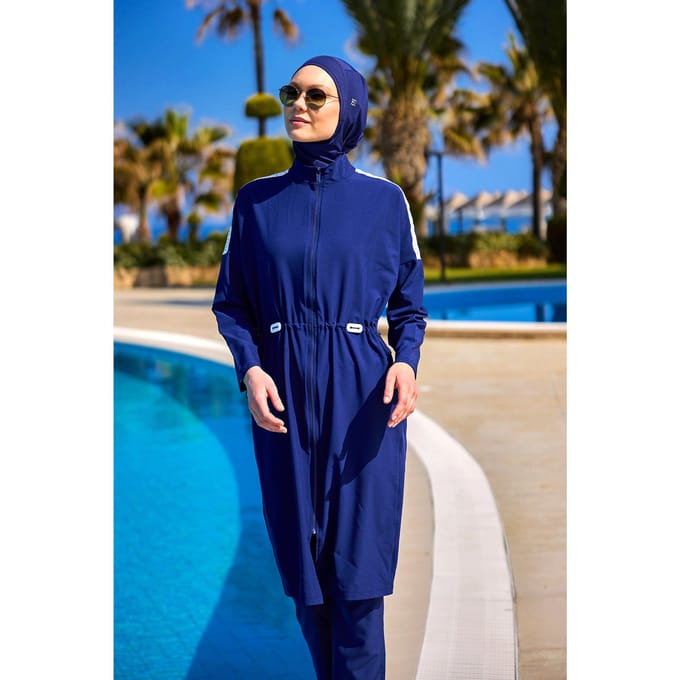 Marineblauwe, bescheiden badmode Burkini-set met volledige dekking