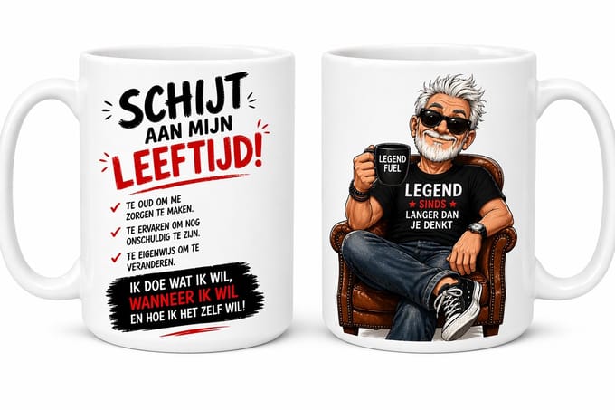 bedrukte Beker / mok met tekst en afbeelding - schijt aan mijn leeftijd