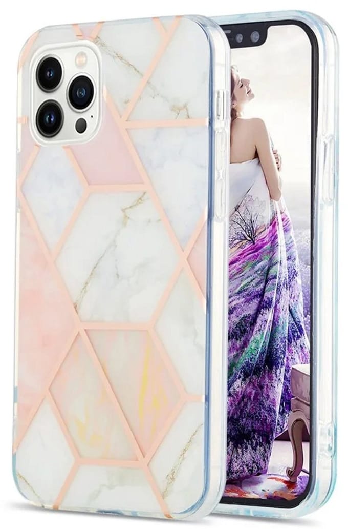Cityhoesje - iPhone 15 Pro - Splicing Marble Pattern Electroplated - Back Cover - Roze Wit