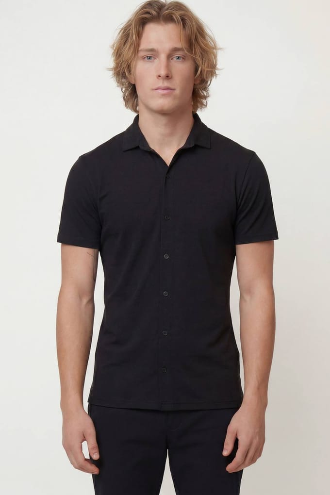 Korte Mouw Muscle Fit Jersey Overhemd | Black | Size Small