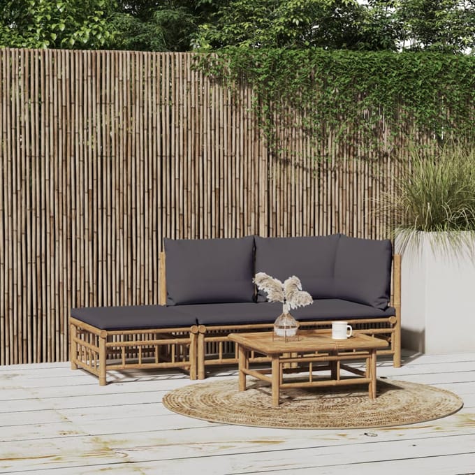 vidaXL - 3-delige - Loungeset - met - kussens - bamboe - donkergrijs