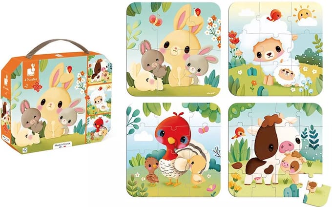 Janod - Kartonnen puzzel - 4 Boerderij Puzzels 6, 9, 12 en 16 Stukjes