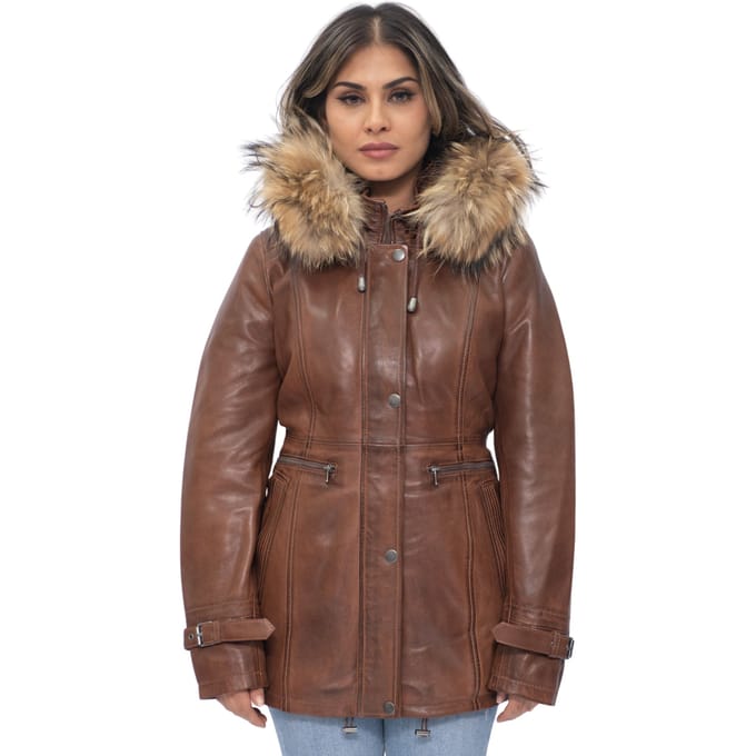 Dames lederen parka jas met capuchon-Putian