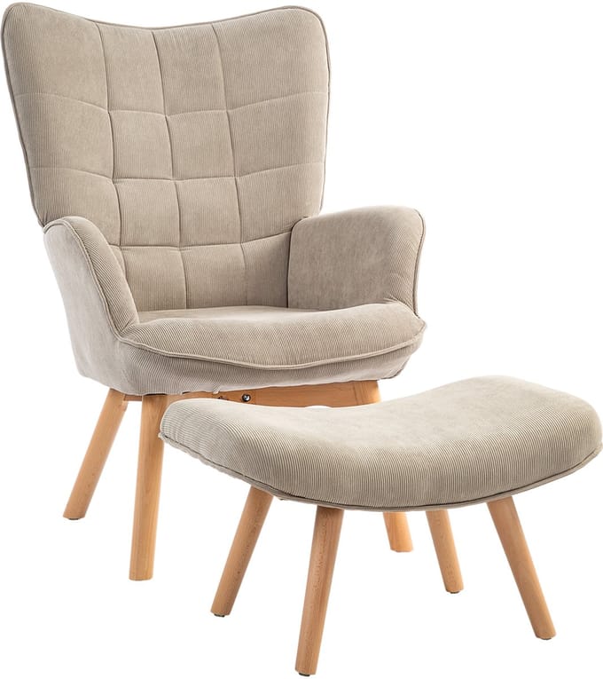 HOMCOM-Ohrensessel mit Hocker-Kord-72L x 80B x 101Hcm-Khaki