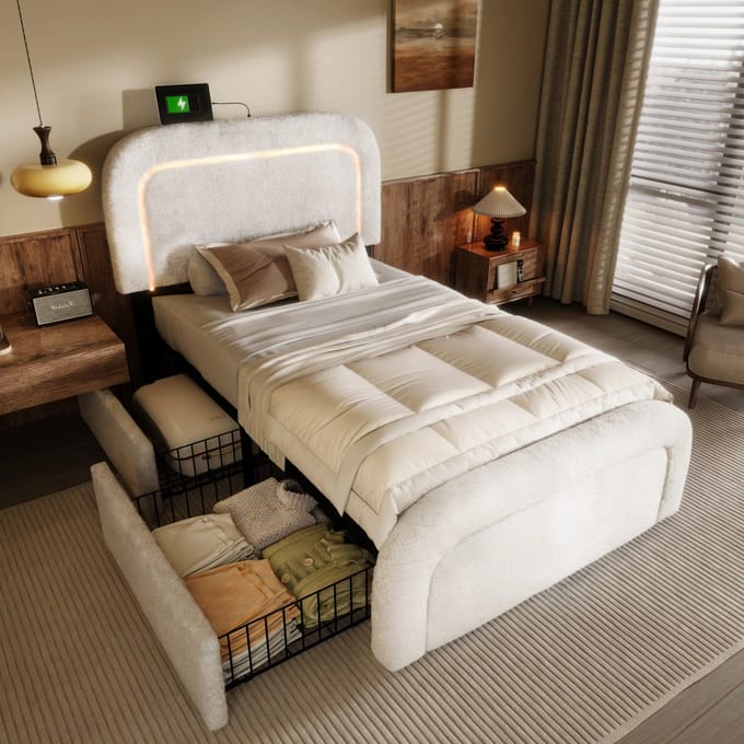 SINGULARITY-Eenpersoonsbed gestoffeerd 90x200cm- bedframe met USB Type C LED en 2 lades- Sherp-Wit Zonder matras