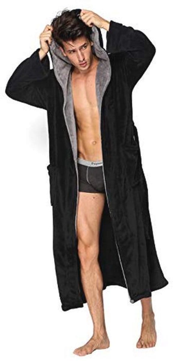 Zwarte zachte herringbone badjas met kimono kraag - volledig lengte (M)