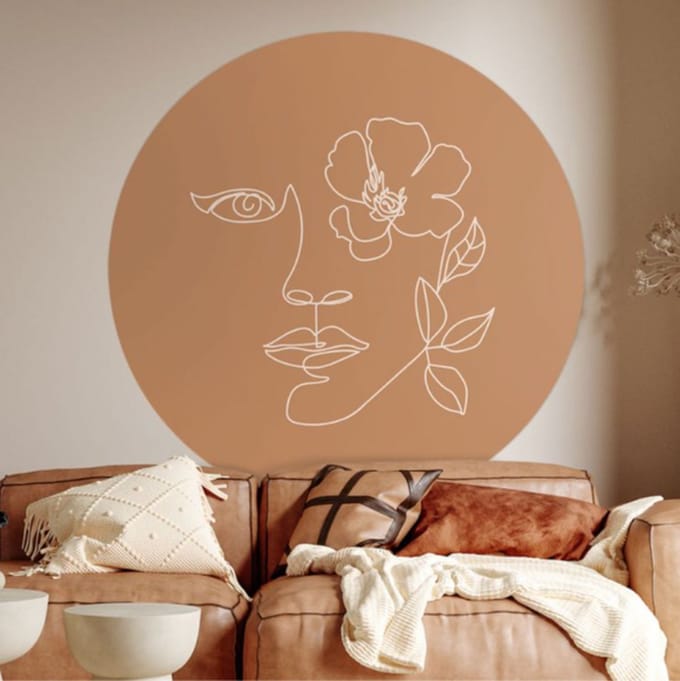 Behangcirkel 80cm Line art rose brown - Wallz