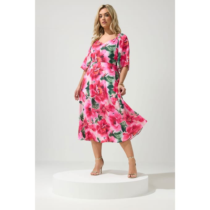 Yours London Roze Bloemenprint Vhals Maxijurk Size 42