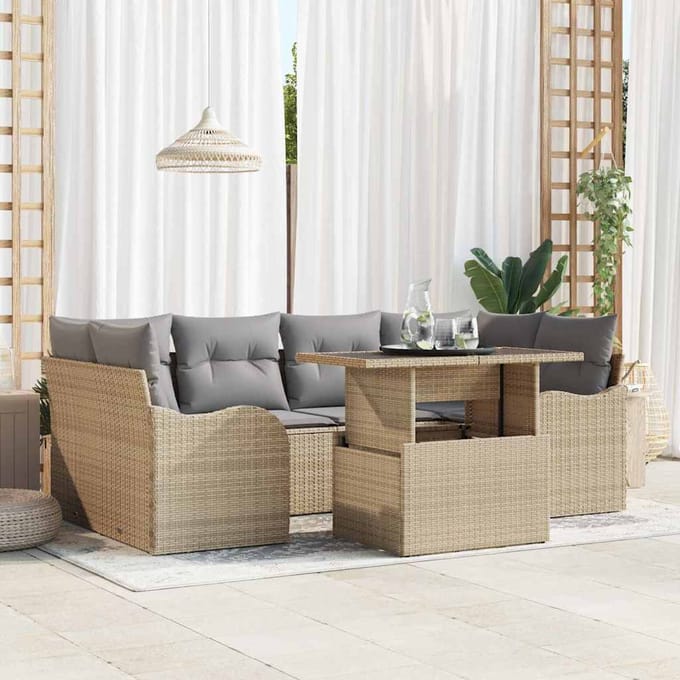 vidaXL - Tuinbank - Set - 7 - st - 6-Aantal - zitplaatsen - Beige - Poly - Riet