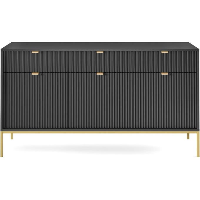 Selsey Vellore - driedeurs commode 154 cm - zwart met gecanneleerde fronten en goudkleurige omlijsting