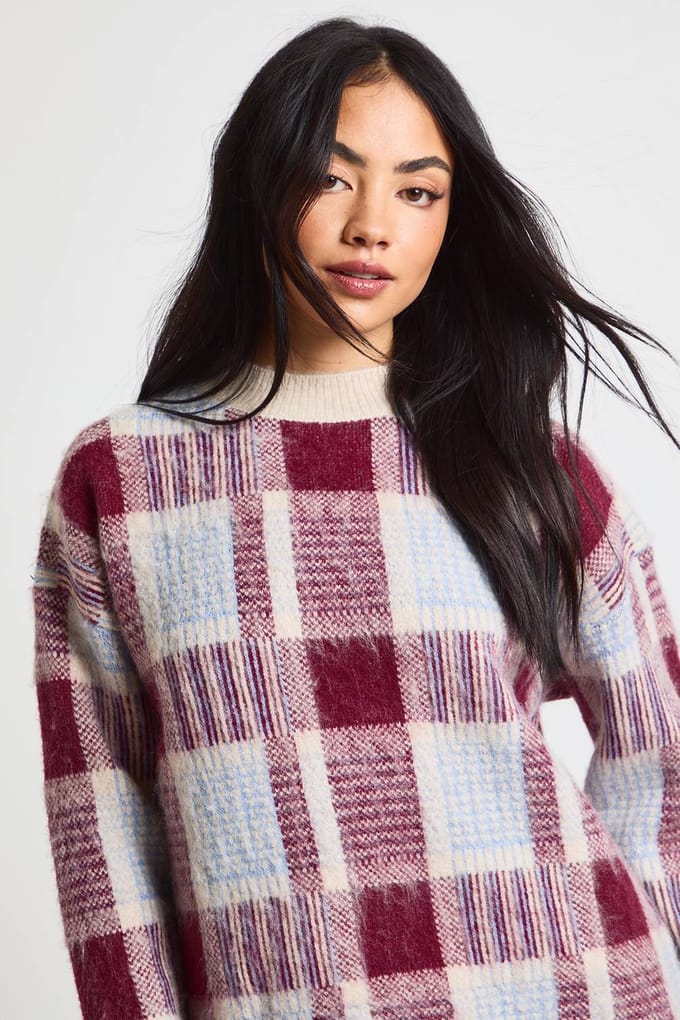 boohoo Dames Check All Over Print Gebreide Trui | Red | Maat: Small