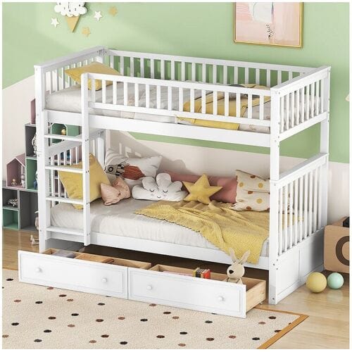 Kinderstapelbed - 2x90x200 cm - 2 lades - wit grenen frame - lattenbodem - uitvalbeveiliging - MERAX
