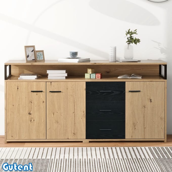 Gutent Dressoir-Drie Deuren-Drie Laden-Metalen Handgreep-Industriële Stijl-Zwart + Hout