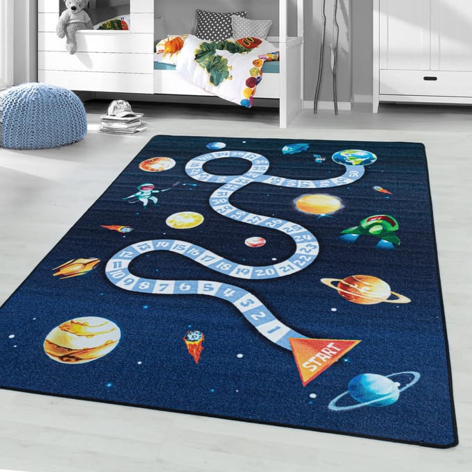 Flycarpets Kindervloerkleed - Ruimte - Marineblauw 100x150 cm