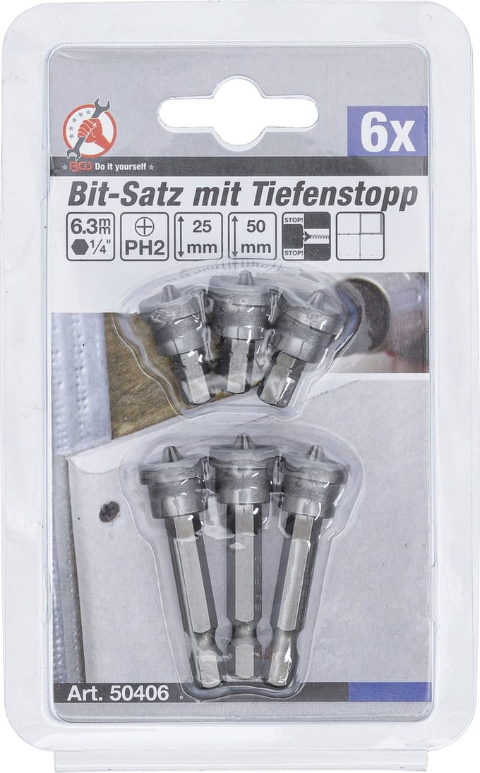 BGS Bitset met dieptestop voor gipslaten PH2, 6 delig