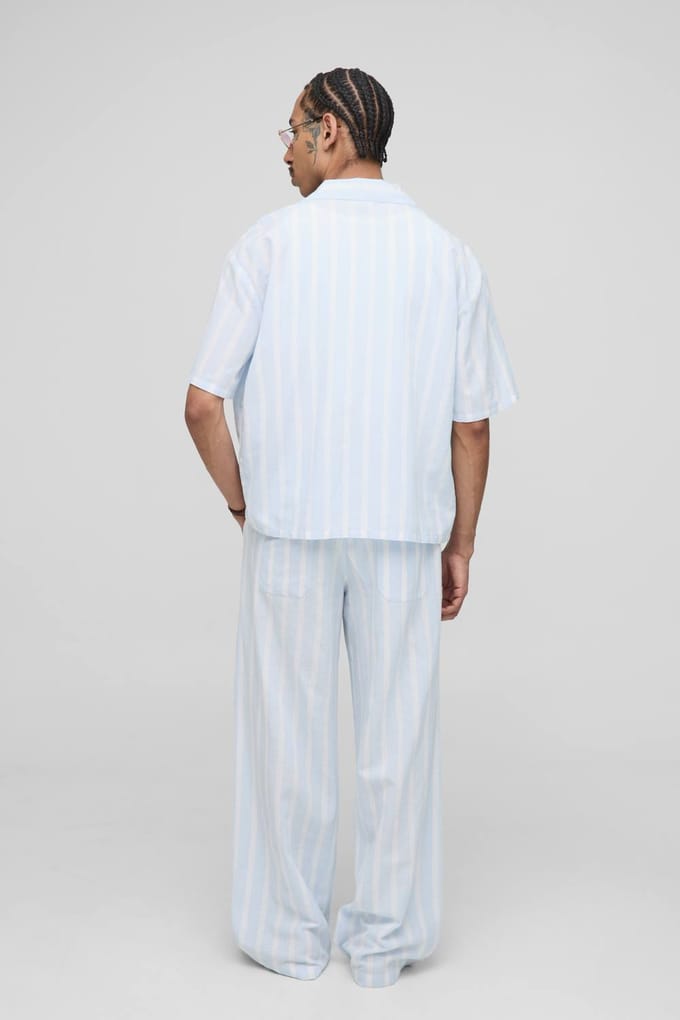 Oversized Boxy Linnen Look Streep Zak Detail Overhemd | Light Blue | Size Medium