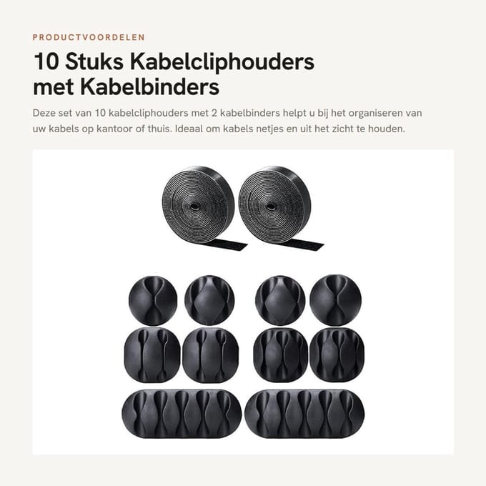 Dailygoods - 10 Stuks Kabelcliphouders met Kabelbinders voor Thuis en Kantoor