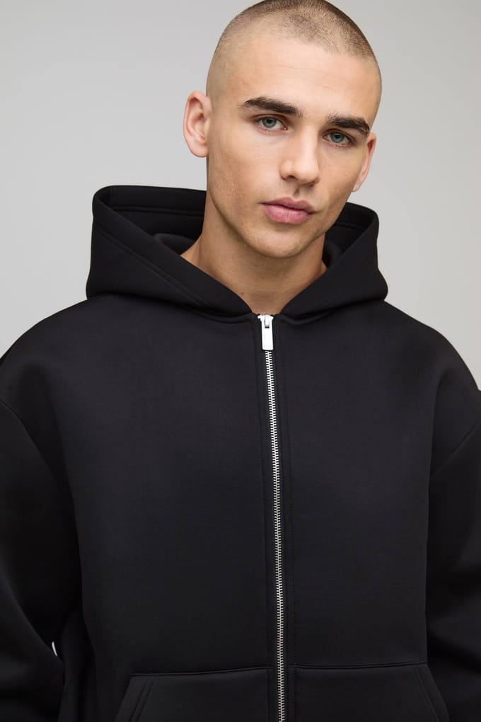 Oversized Boxy Bonded Scuba Zip Through Hoodie | Black | Size Large